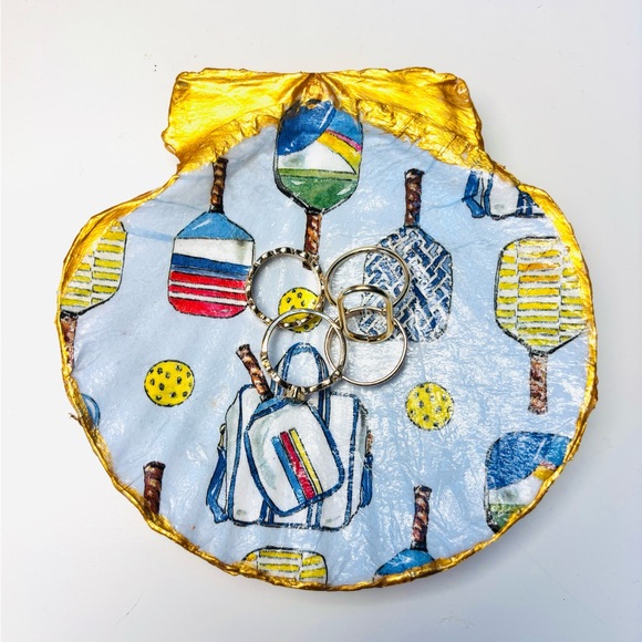 Handcrafted Shell Ring Dish With Pickleball Decoupage Design - Picture 2 of 4